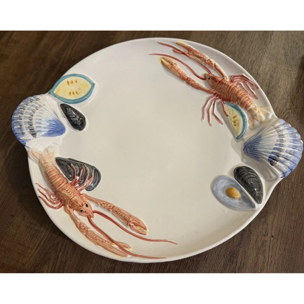 Vintage Italian Majolica Ceramic Seafood Platter VBC Tre Art 3D Lobster XL 18"